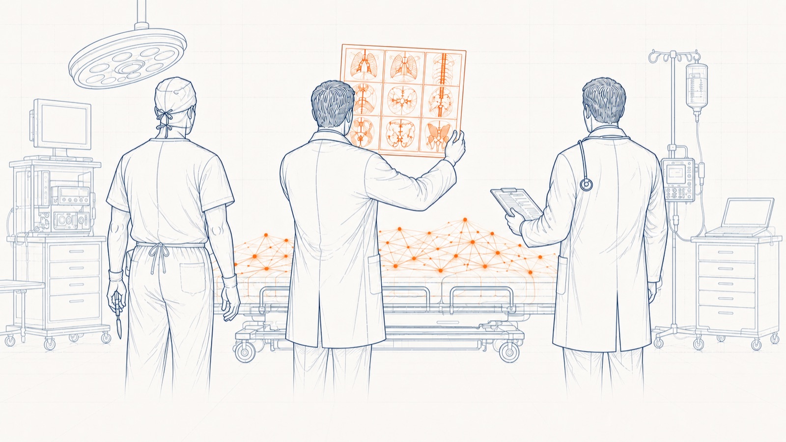 Three clinicians seen from behind, a surgeon, a radiologist holding an X-ray film to the light, and a physician with a chart, standing around a hospital bed on which a glowing network topology lies in place of a patient.