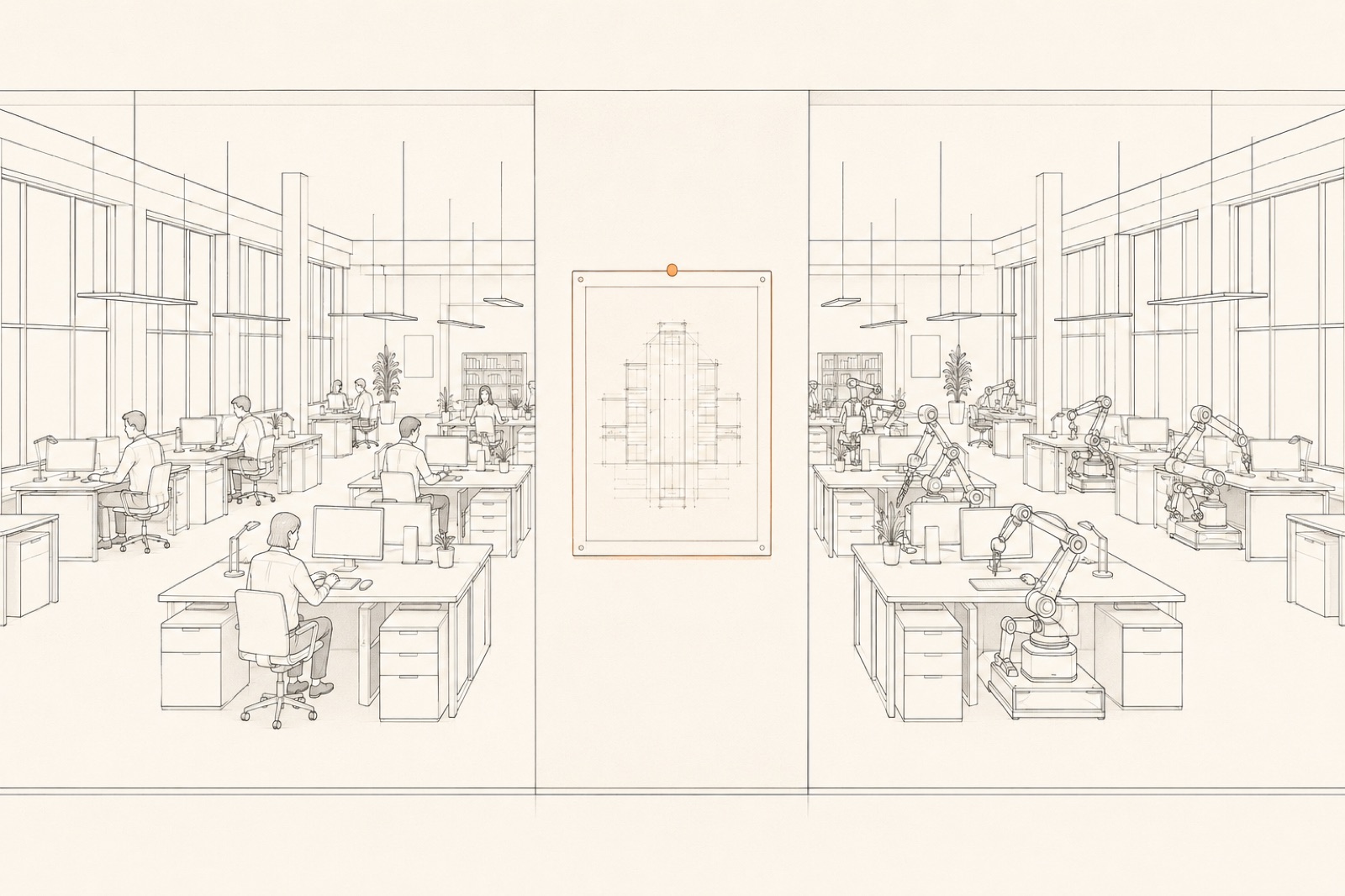 A split office scene: humans at desks on the left, robotic arms at identical desks on the right, and in the center a framed document, identical on both sides.